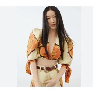 Nocturne Linen Blend Boho Crop Top Tie Puff Sleeves Gold Brown Orange Medium